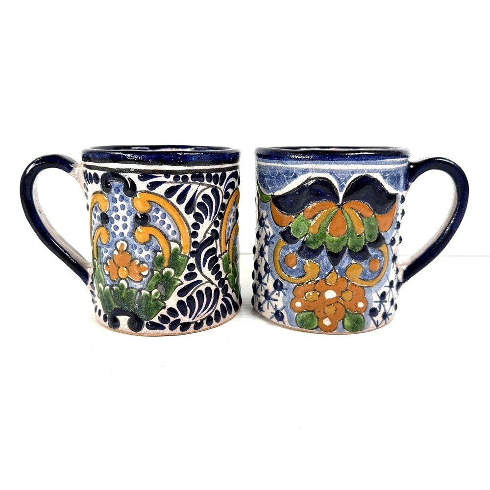Talavera Mexican Pottery Mugs Set of Two in Different Patterns